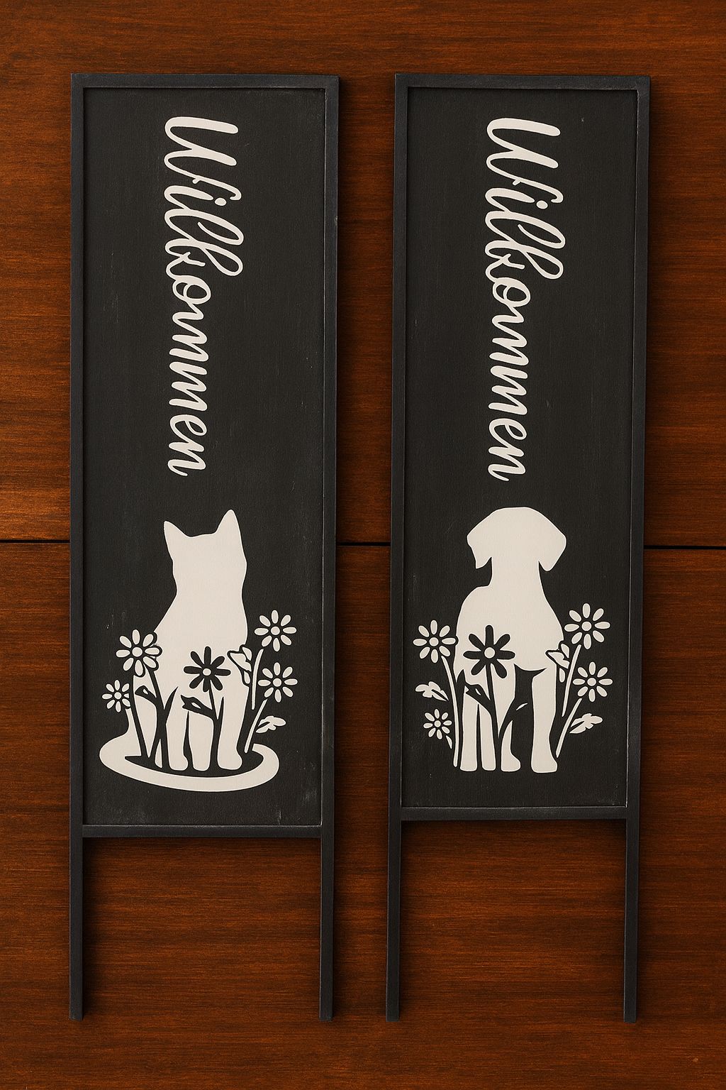 Metall-Schild "Willkommen" mit Katze & Hund