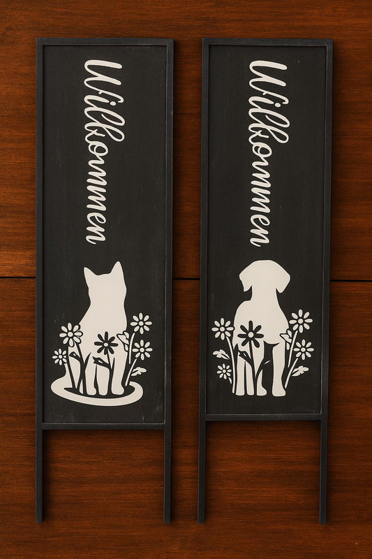 Metall-Schild "Willkommen" mit Katze & Hund